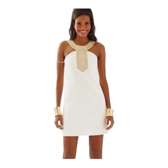 Lilly Pulitzer Adelina White Dress Gold Beaded Neckline sz 4 - Picture 1 of 10